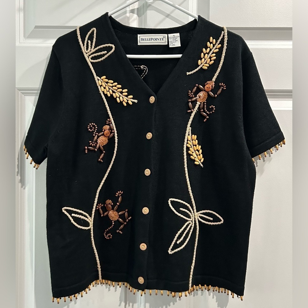 Belle Pointe Vintage Wooden Bead Monkey Cardigan Sweater Size XL Boho Artsy Cord